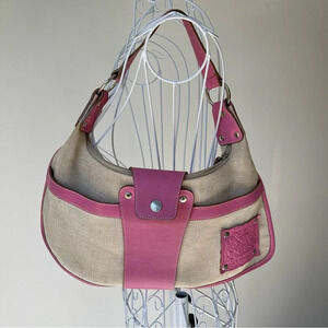 Vintage tous shoulder bag canvas leather zip beige pink purse Y2K
